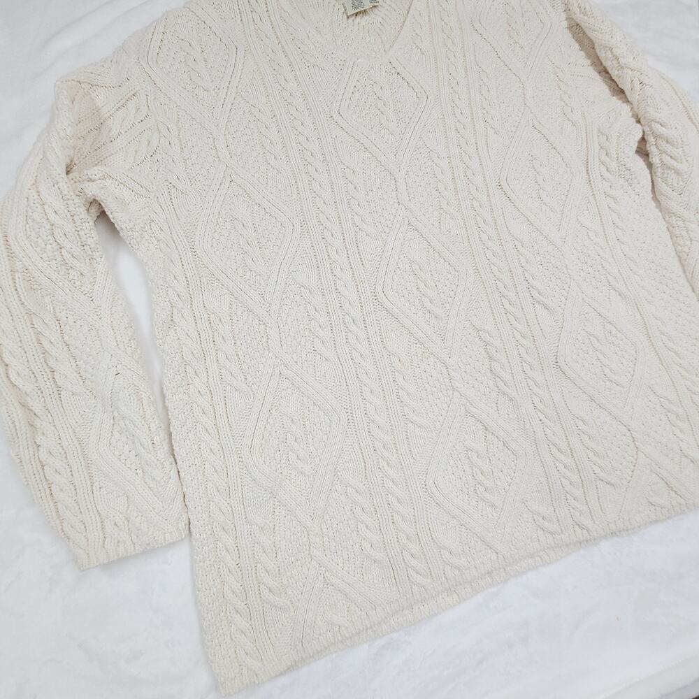 Eddie Bauer Cableknit Sweater V-Neck Cream Plus Fisherman Aran Style XXL - Picture 2 of 10